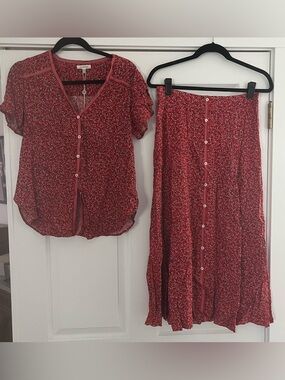 Max Studio Red Floral Button-Front Blouse and Midi Skirt
